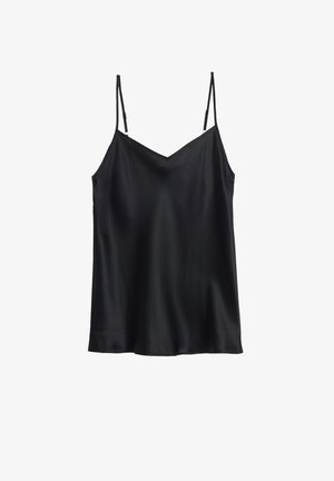 Camisole noir en satin avec des bretelles fines ajustables, décolleté en V et une texture lisse, présentant une coupe décontractée et un ourlet arrondi.