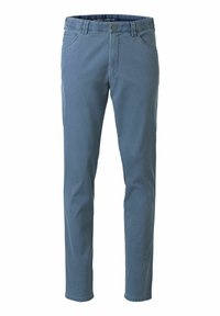 Blauwe katoenen broeken met een slim fit, voorzien van een knoopsluiting, riemlussen en twee zijzakken. Gladde textuur met een subtiele glans.