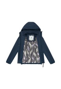 Navy blue jacket with a hood, featuring a patterned gray lining with white and light lavender accents. Front zip closure and elastic cuffs.