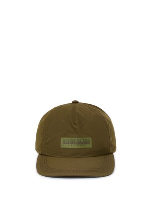 Oliwkowa czapka z daszkiem z przeszyciami i prostokątną naszywką z przodu z logo „Napapijri geographic”.