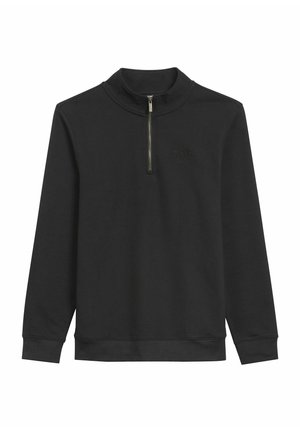 Czarna rozpinana bluza z wysokim kołnierzem, wykonana z miękkiego materiału. Posiada długie rękawy, ściągacze na mankietach oraz subtelne logo na piersi.