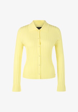 Geel geribbelde cardigan met lange mouwen, een kraag en knopen aan de voorkant, een aansluitend silhouet en wijde manchetten.