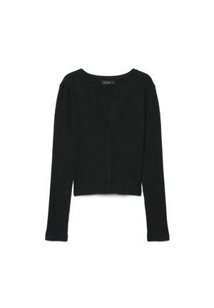 Black ribbed long-sleeve cropped cardigan with a deep V-neck and no visible buttons or closures.