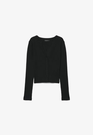 Black ribbed long-sleeve cropped cardigan with a deep V-neck and no visible buttons or closures.