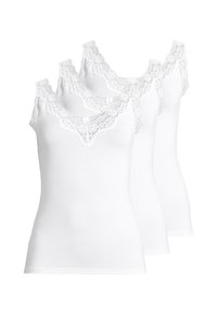 White camisole tops, three pack, featuring a lace trim along the neckline and straps, made from soft, stretchy cotton material.
