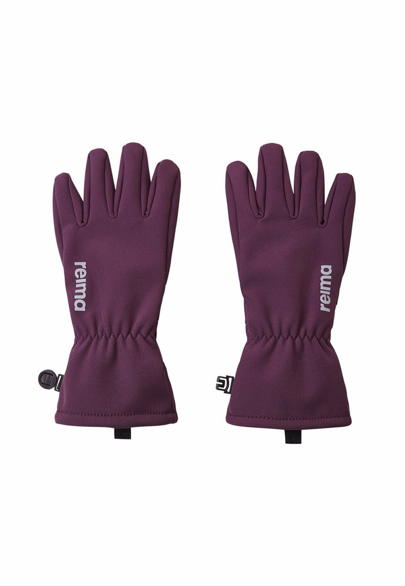 Ein Paar lila isolierte Handschuhe mit elastischen Bündchen und dem "reima"-Logo auf der Rückseite, entworfen zum Schutz vor Kälte.