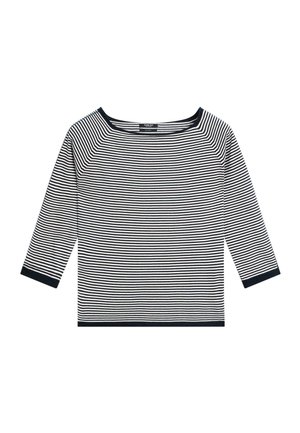 Zwart-wit horizontaal gestreept shirt met lange mouwen, boothals en zwarte afwerking aan de mouwen en zoom.