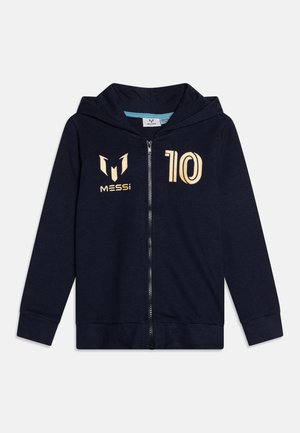 Navy Zip-Hoodie aus weichem Stoff, mit einem Logo und der Nummer "10" in Gold auf der Brust, ausgestattet mit einer Kängurutasche und Kapuze.