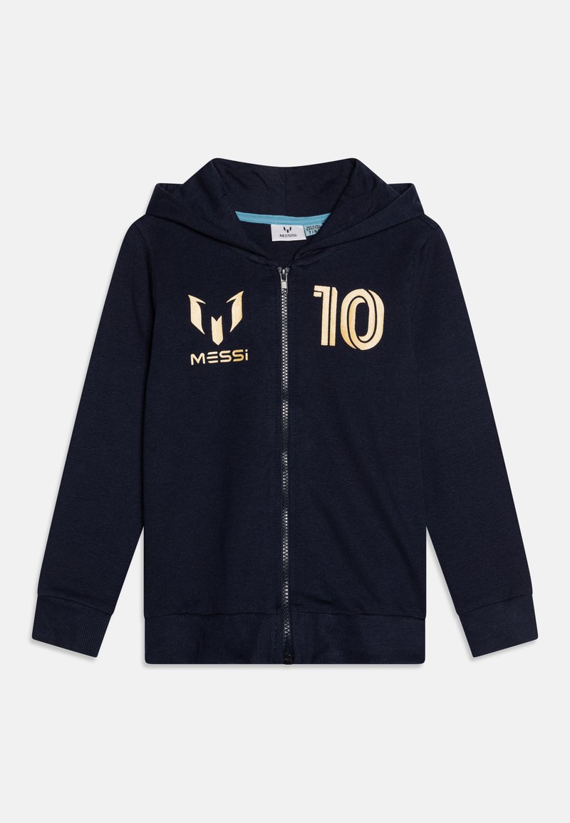 Felpa con zip di colore navy realizzata in tessuto morbido, con un logo e il numero "10" in oro sul petto, dotata di tasca a marsupio e cappuccio.