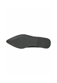 Chaussure noire à bout pointu avec une finition lisse et mate. La semelle présente un motif texturé pour l'adhérence et un petit talon effilé.
