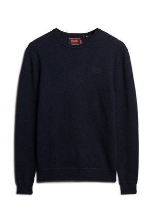 Navy crewneck trui van gebreide stof. Kenmerkt lange mouwen, geribbelde manchetten en zoom, en een klein geborduurd logo op de voorkant.