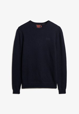Navy crewneck trui van gebreide stof. Kenmerkt lange mouwen, geribbelde manchetten en zoom, en een klein geborduurd logo op de voorkant.