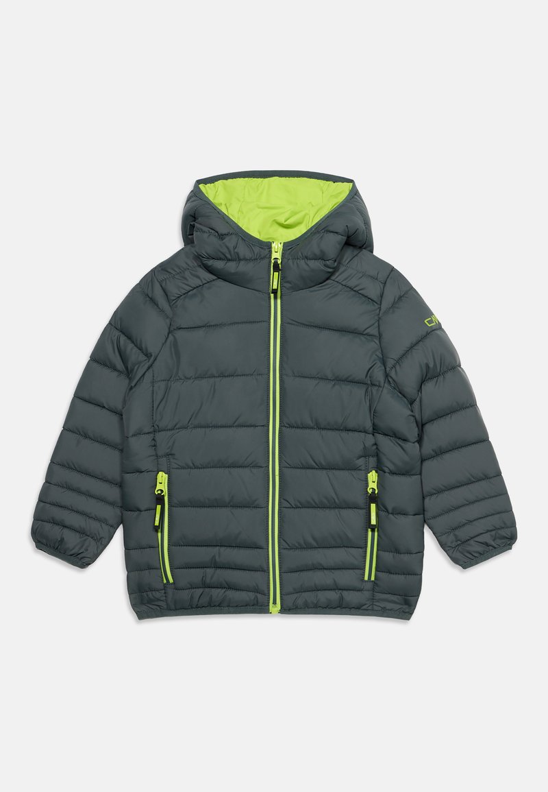 Veste matelassée pour enfants gris foncé avec capuche, fermeture éclair vert vif et détails sur les poches, et poignets élastiques.