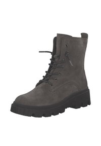 Stivali alla caviglia in suede grigio con lacci neri, punta tonda e suola in gomma nera spessa. Presentano occhielli in metallo e una superficie testurizzata.