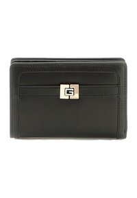 Portafoglio in pelle nera di forma rettangolare. Presenta una chiusura in metallo lucido argento e oro, dettagli testurizzati e cuciture minimali.