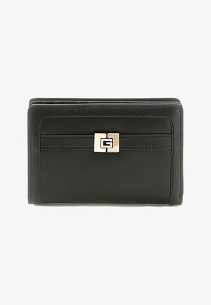 Cartera de cuero negra con forma rectangular. Presenta un cierre de hardware brillante en plata y oro, acentos texturizados y costuras mínimas.