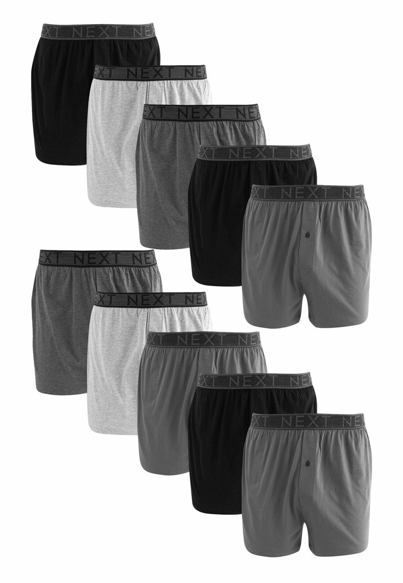 Boxershorts in verschiedenen Farben: schwarz, grau und weiß. Weicher Stoff mit einem elastischen Bund, der mit "NEXT" gekennzeichnet ist. Drei Paare haben Knöpfe.