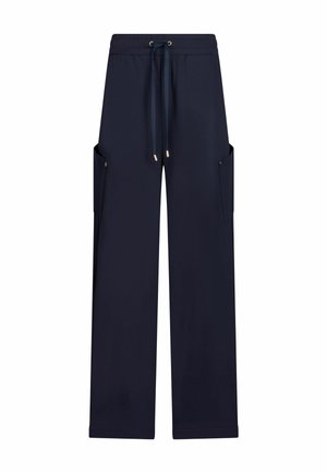 Pantaloni a gamba larga blu navy con vita elastica, coulisse e tasche cargo laterali con bottone su entrambe le gambe.