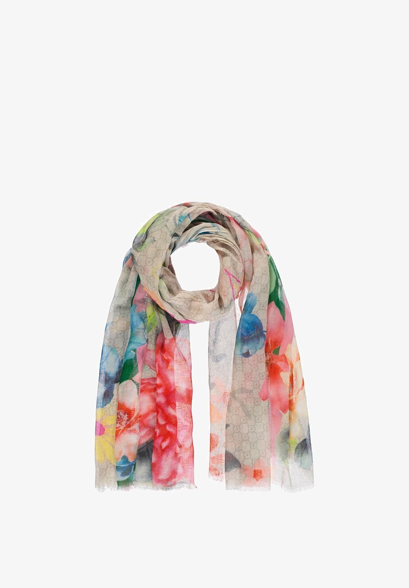 Kwiatowy szal w lekkim, przezroczystym materiale. Oferuje żywe kwiaty w odcieniach różu, niebieskiego i żółtego na neutralnym tle z subtelnymi wzorami.