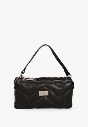 Black leather handbag featuring a zigzag quilted design, zip closure, and a short handle. Includes a metal logo plate on the front.