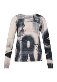 Langärmliger Strickpullover mit abstrakten Mustern im Stil von Schwarz- und Beigesprühfarbe sowie dezenten strukturierten Details.
