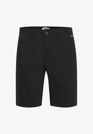 Schwarze Baumwollshorts mit geradem Schnitt, ausgestattet mit einem Frontknopfverschluss, Gürtelschlaufen und einem kleinen braunen Lederakzent an der Seite.