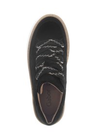 Black suede sneaker with a round toe, textured fabric, contrasting patterned laces, and a beige rubber sole. Features Gabor branding inside.