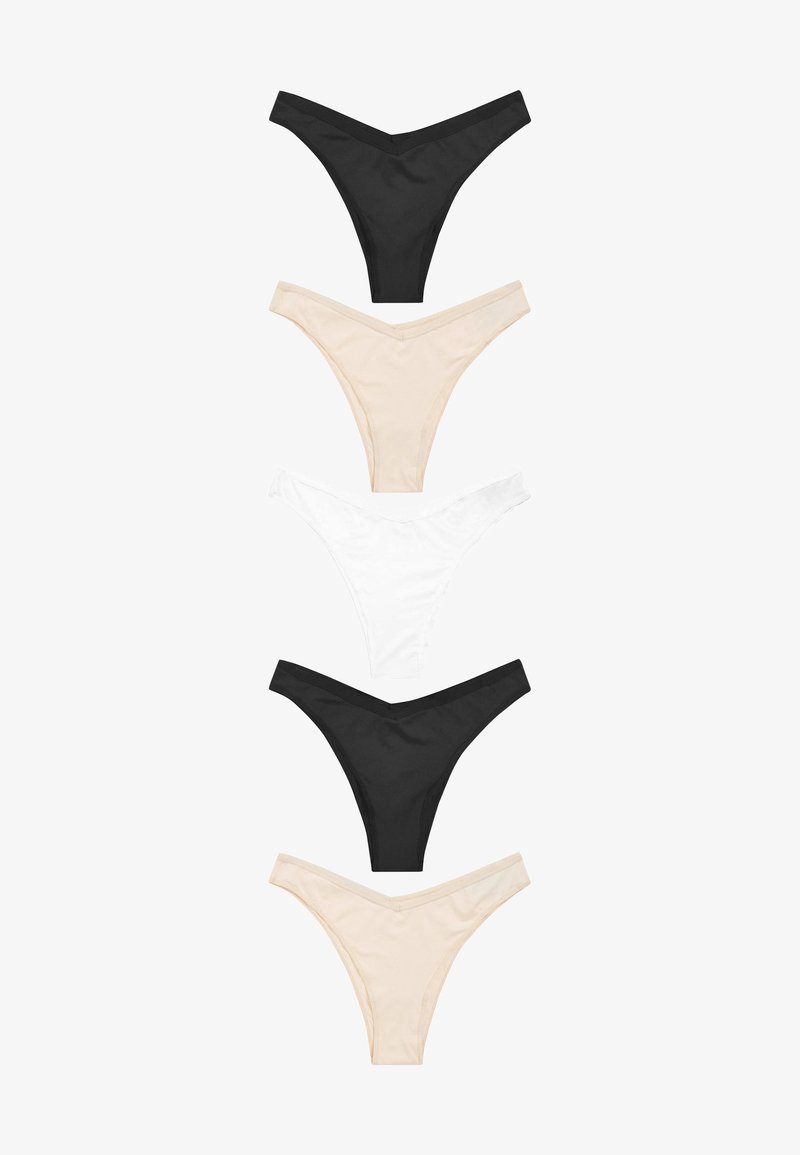 Viis tavalist aluspükste komplekt mustas, valges ja kahes nude toonis. Valmistatud siledast kangast, millel on V-kujuline vöödisain.