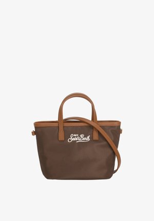 Sac à main rectangulaire marron avec deux poignées courtes, une longue bandoulière et le logo blanc « MC2 Saint Barth » sur le devant.