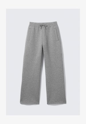 Gray wide-leg sweatpants with drawstring waist and two side pockets, laid flat against a white background.