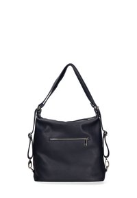 Borsa a mano in pelle blu navy con finitura texturizzata, dotata di tasca frontale con zip e doppi manici.