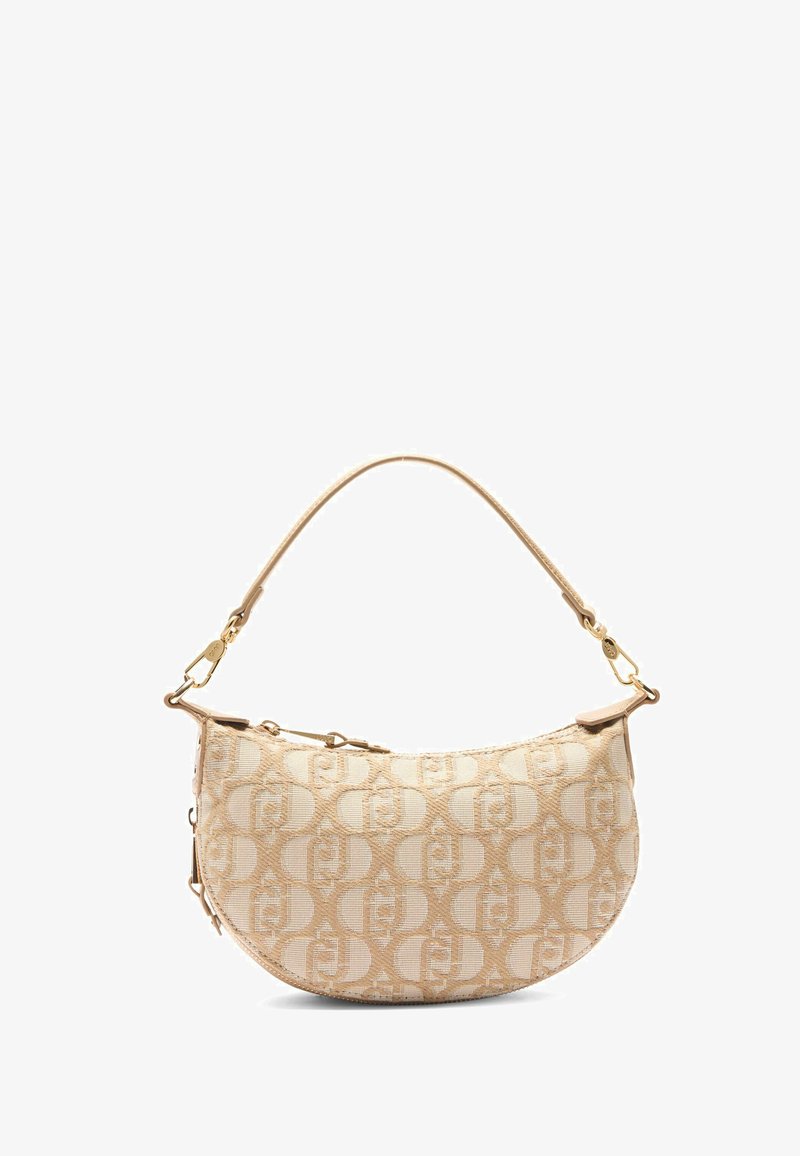 Sac hobo en tissu tissé beige clair avec motif logo en relief. Doté d'une forme courbée, d'une fermeture à glissière et d'une bandoulière en cuir.