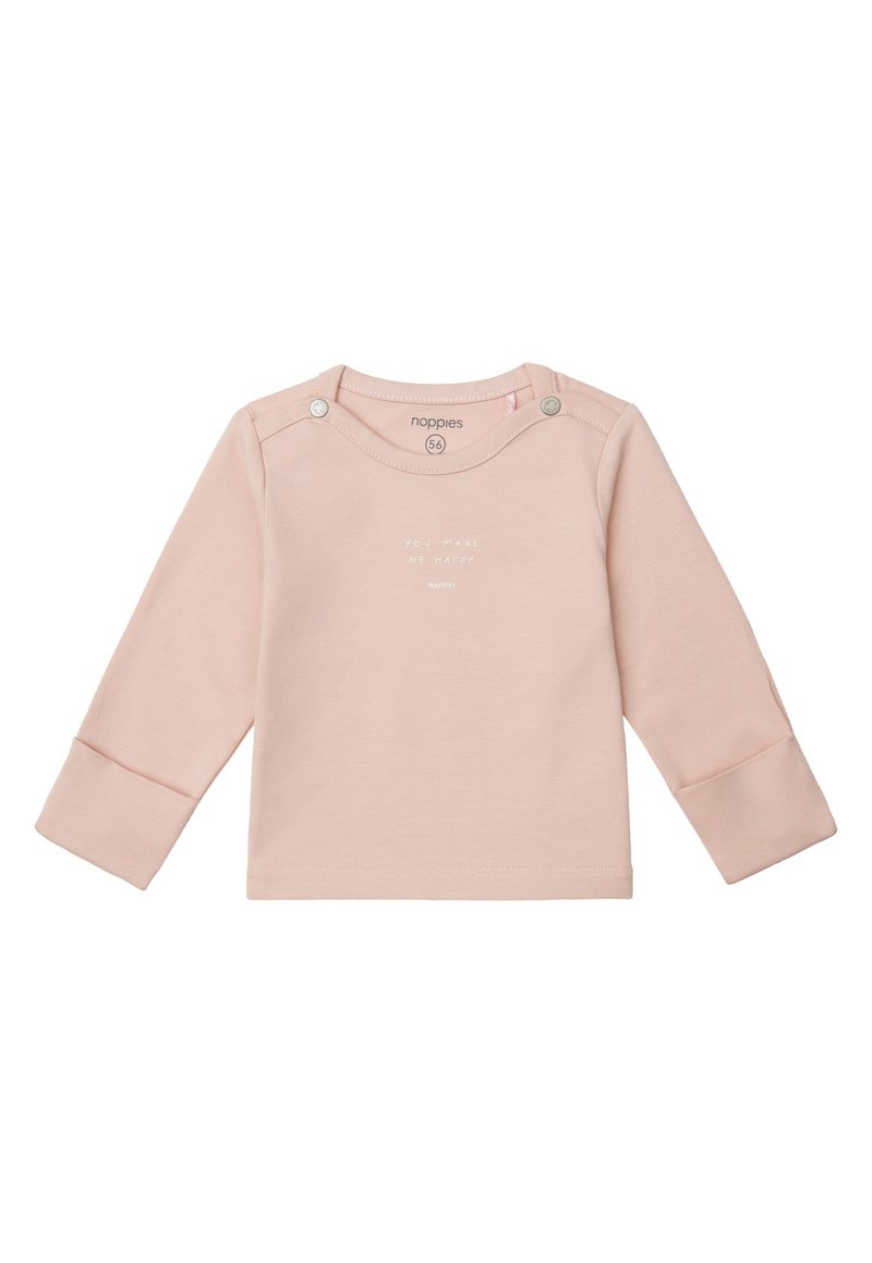 Helles rosa Langarmshirt aus weichem Stoff, mit Druckknöpfen an einer Schulter und dem Aufdruck "DU MACHST MICH GLÜCKLICH" in weiß.