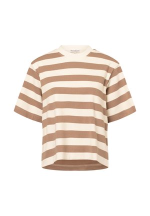 Striped t-shirt with short sleeves, featuring alternating beige and brown horizontal stripes; made from soft cotton; rounded neckline.