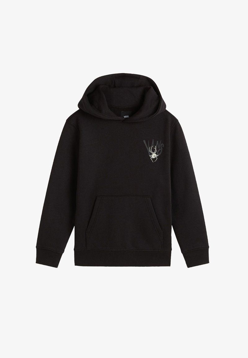 Svart huvtröja i mjukt bomullsmaterial, med en framficka och en grafisk logotyp på vänster sida. Enkelt design med ribbade ärmslut.