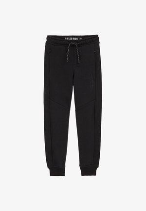 Zwarte joggingsbroek van zacht materiaal met een verstelbare tailleband, ritszakken en een textuuraccent aan de zijkanten.