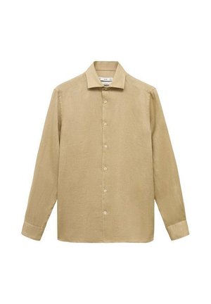 Hellbraunes Leinenhemd mit Button-Down-Kragen, langen Ärmeln, Vorderknöpfen und einer glatten Textur. Einfaches, klassisches Design.