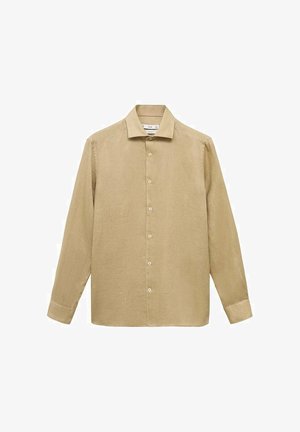 Lichtbruin linnen overhemd met een button-down kraag, lange mouwen, knopen aan de voorkant en een gladde textuur. Eenvoudig, klassiek ontwerp.