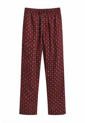 Rote gemusterte Hose mit elastischem Bund, mit einem Paisley-Design in Grün und Blau. Baumwollmaterial, gerade geschnitten.