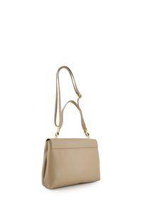 Beige leather handbag with a soft texture, rectangular shape, and a single adjustable strap. Features a flap closure and gold hardware accents.