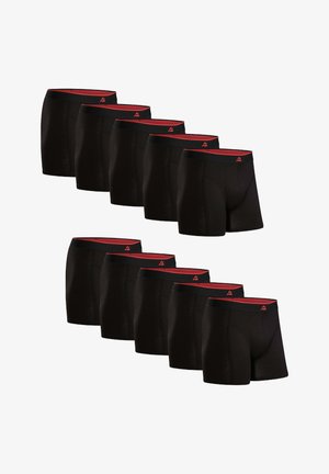 Boxers negros ajustados con una textura suave, una cinturilla elástica con acentos rojos y un corte clásico. El paquete incluye múltiples pares.