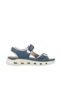 Blå sandal med justerbar rem, öppen tå, syntetisk ovandel, vadderad innersula och texturerad vit gummisula med luftdämpning.