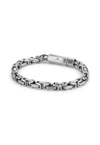 Bracelet en acier inoxydable présentant des maillons allongés entrelacés avec une finition polie et un fermoir gravé du nom de la marque.