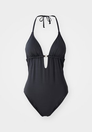 Black one-piece swimsuit featuring a deep V-neck, halter neck ties, and a central metallic ring. Smooth fabric with gathered detailing at the sides.