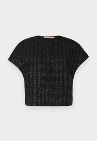 Crni kratki top s kratkim širokim rukavima i vertikalnim sjajnim prugama na jednostavnom pozadini.