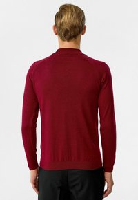 Pull rouge à manches longues avec une coupe ajustée, des poignets et un ourlet côtelés. Fabriqué dans un matériau lisse et doux, affichant une couleur unie sans motifs.