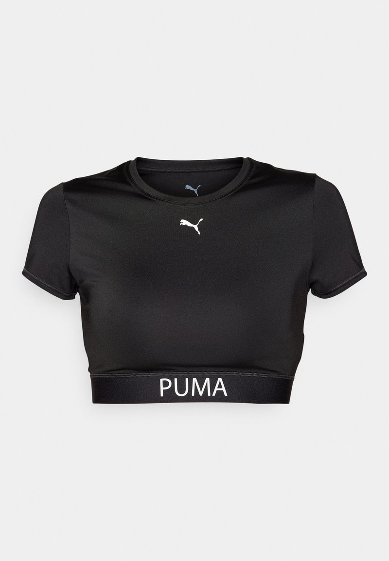 Maglietta nera cropped realizzata in tessuto liscio, con scollatura rotonda, maniche corte e logo PUMA bianco sulla fascia.