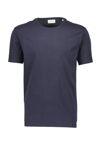 Tummansininen lyhythihainen t-paita, joka on valmistettu pehmeästä puuvillasta. Paidassa on klassinen pyöreä kaulus ja sileä kangastuntuma. Ei näkyviä logoja tai kuvioita.