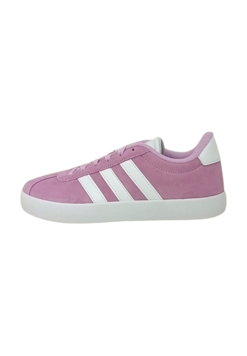 Pink suede low-top sneakers with white accents and three stripes, featuring a round toe, lace-up closure, and a flat white rubber sole.