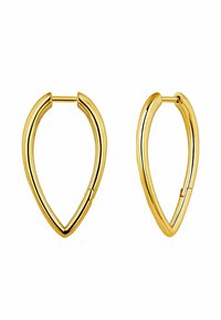 Pendientes de aro en tono dorado con forma de lágrima, que presentan una textura suave y pulida, y un cierre de bisagra seguro.